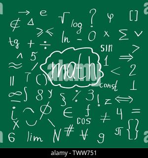 Mathematical handdrawn doodle basic characters on green background. Vector illustration. Stock Vector