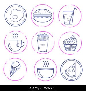 Vector illustration of food icons on white background. Hamburger, fried eggs, pizza, plate, hot soup, hot tea, ice cream, cupcake, French fries, miner Stock Vector