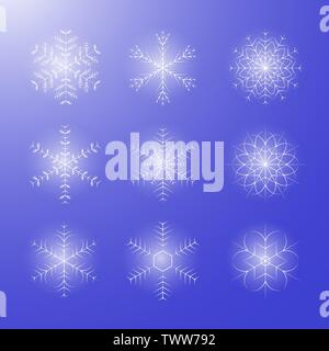 Set of different shining snowflakes icon on a blue background. Vector illustration. Eps 10. Stock Vector