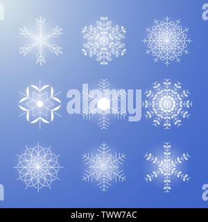 Set of different shining snowflakes icon on a blue background. Vector illustration. Eps 10. Stock Vector