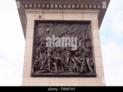 AJAXNETPHOTO. 2018. LONDON, ENGLAND. - TRAFALGAR HERO - BRONZE PLAQUE BY SCULPTOR I.E.CAREW DEPICTING ADMIRAL HORATIO NELSON AT THE BATTLE OF TRAFALGAR INSCRIBED WITH HIS FAMOUS SIGNAL TO THE FLEET, 'ENGLAND EXPECTS EVERY MAN WILL DO HIS DUTY', AT THE FOOT OF NELSON'S COLUMN IN TRAFALGAR SQUARE. PHOTO:JONATHAN EASTLAND/AJAX REF:GXR182009 7566 Stock Photo