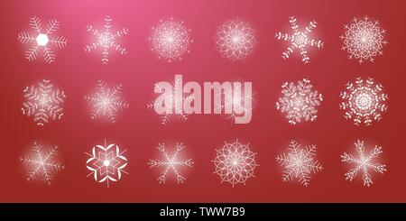 Set of different shining snowflakes icon on a red background. Vector illustration. Eps 10. Stock Vector
