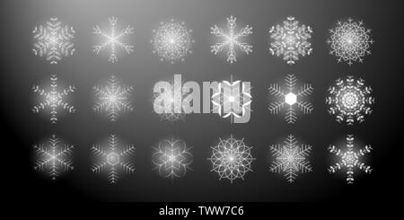 Set of different shining snowflakes icon on a black background. Vector illustration. Eps 10. Stock Vector