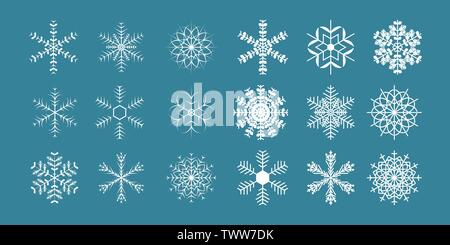 Set of different shining snowflakes icon on a blue background. Vector illustration. Eps 10. Stock Vector