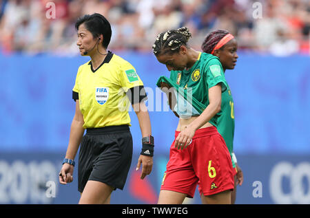 Cameroon's Estelle Johnson (centre) after receiving treatment during the FIFA Women's World Cup, round of Sixteen match at State du Hainaut, Valenciennes. Stock Photo