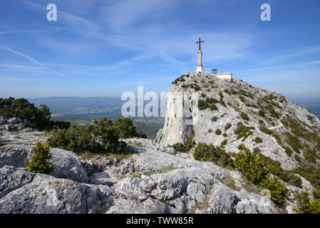 Summit of Mont Sainte-Victoire Mountain and the Croix de Provence, or Cross of Provence, celebrated in the Paintings of Paul Cezanne, Aix-en-Provence Stock Photo