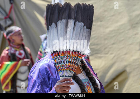 Aboriginal dancers at the Grand Entrance ceremony entering into the Beaver Dome. Tsuut'ina  Nation’s Powwow. Stock Photo