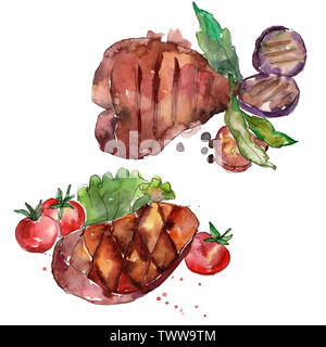 Grilled steak tasty food. Hand drawn barbeque meat illustration ...