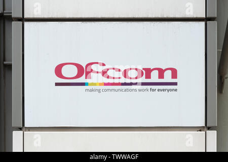 Signage for Ofcom (Office of Communications) located in Riverhouse House building on Southwark Bridge Road in London, UK. Stock Photo