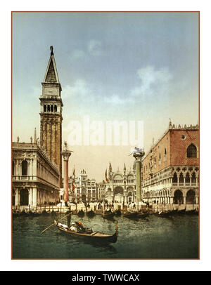 VENICE Vintage 1890's-1900's Venice St. Mark's Square with Campanile bell tower and Doges Palace Venice, Italy 1900 GONDOLIER 1900's Vintage Photochrome Photochrom Old Historic Belle Epoque Gondola Gondolier Venice lagoon de San Marco Venice Italy Stock Photo