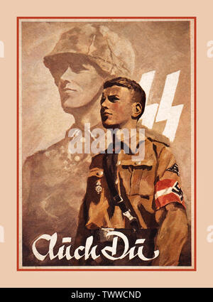WAFFEN SS RECRUITMENT POSTER Vintage German Propaganda Recruitment Poster for The Waffen SS “Also You' - Waffen SS/Hitler Youth Recruiting Poster,1930’s Germany Hitler Youth wearing Swastika armband with his future self in the Waffen SS army behind. Stock Photo