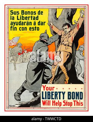 Vintage WW1 1917 US propaganda poster issued in the Philippines depicting one of the most infamous stories from World War 1, the crucifixion of a Canadian soldier at the hands of the German Army - artwork by F.C. Amorsolo 'Sus bonos la libertad ayudar a dar fin con esto' 'your freedom bond will help end this' Stock Photo