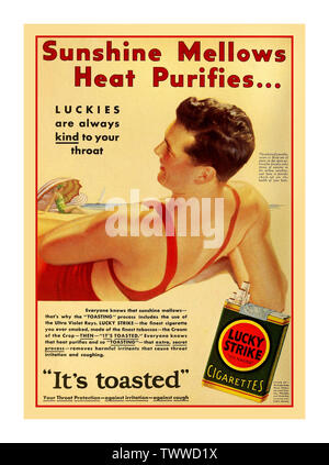 Vintage 1930's American cigarette advertising extolling the paricular health  benefits and virtues of Lucky Strike cigarettes “ Sunshine Mellows Heat  Purifies..” “Its Toasted” 1 April 1931 Stock Photo