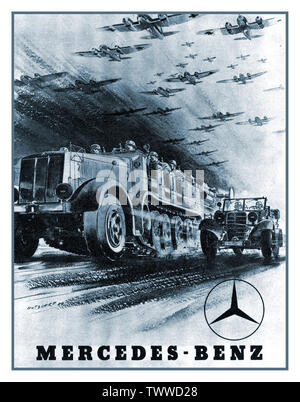 'Mercedes-Benz Joins the Blitzkreig'  WW2 Mercedes Advertising Poster showing their diverse wartime production for Nazi Germany  'Mercedes-Benz Joins the Blitzkreig' - 1941. Blitzkrieg, from Blitz ('lightning') + Krieg ('war') is a method of warfare whereby an attacking force, spearheaded by a dense concentration of armoured and motorised or mechanised infantry formations with close air support, breaks through the opponent's line of defence by short, fast, powerful attacks and then dislocates the defenders, using speed and surprise Stock Photo