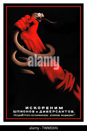 Vintage pre WW2 Soviet Russian Propaganda Poster “Eliminate the spies and saboteurs, Trotsky-Bukharin agents of fascism! “ Hand holding a serpent with swastika eyes..  Moscow: Leningrad Art, 1937. - Color Lithography USSR Stock Photo