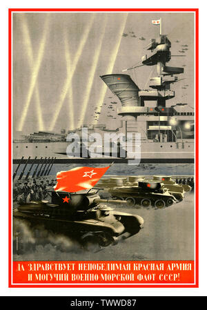 Vintage WW2 Soviet Russian Propaganda Poster ”Long live the invincible Red Army and the mighty Soviet Navy!' USSR 1940 World War II Second World War Stock Photo