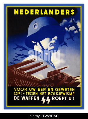 Vintage WW2 Propaganda 'For your honor and conscience against Bolshevism' Poster in Dutch for the NEDERLANDERSSS Volunteer Panzer Grenadier Brigade in the Netherlands, 1943 World War II Stock Photo