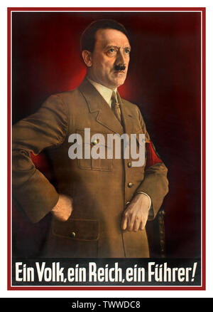 EIN VOLK ADOLF HITLER HOFFMANN PORTRAIT   ‘EIN VOLK EIN REICH EIN FUHRER’ Vintage Nazi propaganda poster  - One People One Realm One Leader. Adolf Hitler dressed in brown military uniform and wearing a red Nazi swastika armband on his left arm. Germany, year of printing:1930s, Adolf Hitler ( 20 April 1889 – 30 April 1945) German politician and leader of the Nazi Party (Nationalsozialistische Deutsche Arbeiterpartei; NSDAP). He rose to power as Chancellor of Germany in 1933 and later Führer in 1934. During his dictatorship from 1933 to 1945, he initiated World War II in Europe Stock Photo