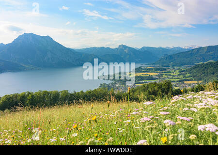 Altmünster: view from mountain Gmundnerberg to lake Traunsee and villages Altmünster and Traunkirchen, houses in Salzkammergut, Oberösterreich, Upper Stock Photo