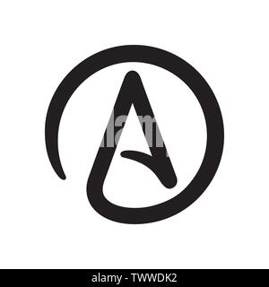 Symbol of Atheism: letter A in circle. Simple black and white atheist sign icon. Isolated vector clip art illustration. Stock Vector