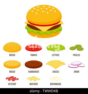 Isometric burger constructor set with different ingredients. Fast food sandwich vector illustration in simple flat cartoon style. Stock Vector