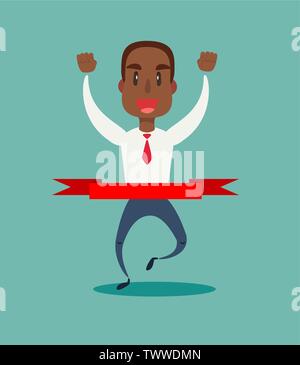 Concept of successful black african american businessman in a finishing line. Stock Vector