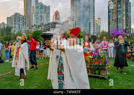 Aztec Ceremony, Gathering Festival, Summer Solstice Celebration,  David Lam Park, Vancouver, British Columbia, Canada. Stock Photo