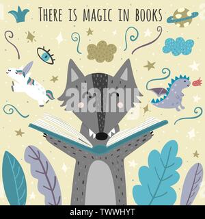 There is magic in books awesome card with cute wolf. Fantasy creatures flying out of an open book. Vector illustration Stock Vector
