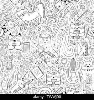 Cats go to school funny seamless pattern. Coloring page for adults and children. Vector illustration Stock Vector