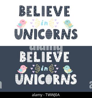 Believe in unicorns lettering in two versions - white and blue. Hand drawn text. Vector illustration Stock Vector