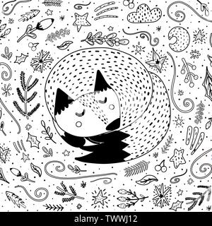 Sleeping fox coloring page for adults and kids. Black and white background. Vector illustration Stock Vector