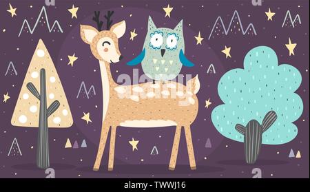 Banner with cute deer and owl. Best friends background. Great for print on the wall, decoration flyers and cards and more. Vector illustration Stock Vector