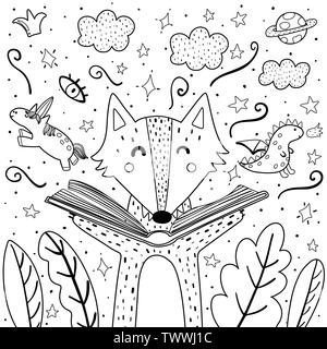 Magic in the books coloring page with cute wolf. Black and white background for adults and children. Vector illustration Stock Vector