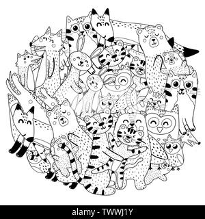 Circle coloring page with mothers and their babies animals. Vector illustration Stock Vector