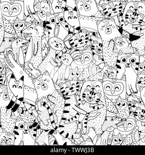 Mothers and babies coloring page. Black and white seamless pattern with doodle animals. Vector illustration Stock Vector