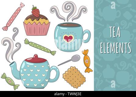 Tea isolated elements collection. Cozy set. Mug, teapot, cookie, muffin and candies. Vector illustration Stock Vector