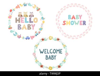 Wreaths collection for baby shower design. Frames set with hand drawn lettering. Vector illustration Stock Vector