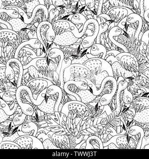 Black and white flamingos seamless pattern. Coloring page for adults and children. Vector illustration Stock Vector