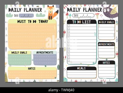 Daily planners collection. To do list set with a cute owl and fox. Vector illustration Stock Vector