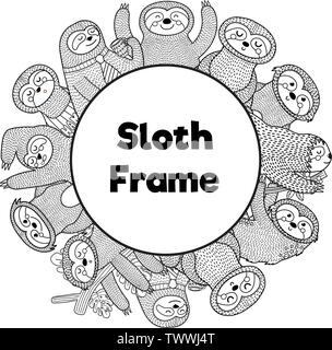 Black and white frame template with funny sloths. Coloring book for adult and children. Vector illustration Stock Vector