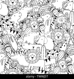 Black and white seamless pattern with adorable safari animals. Coloring page for adult and kids. Vector illustration Stock Vector