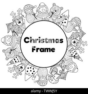 Black and white Christmas frame in coloring page style. Place for your text. Snowman, Santa, deer, bear and Christmas tree. Vector illustration Stock Vector