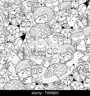 Fantasy forest animals black and white seamless pattern. Great for  coloring page, prints, backgrounds, textile and fabric. Vector illustration Stock Vector