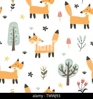 Funny fox seamless pattern. Forest background in childish style. Vector illustration Stock Vector