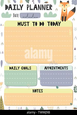 Daily planner with a cute fox. Printable template in A4 format for organising your day. Vector illustration Stock Vector