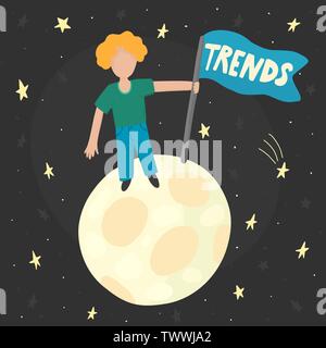 Searching trends concept with a man standing on the moon with a flag. Vector illustration Stock Vector