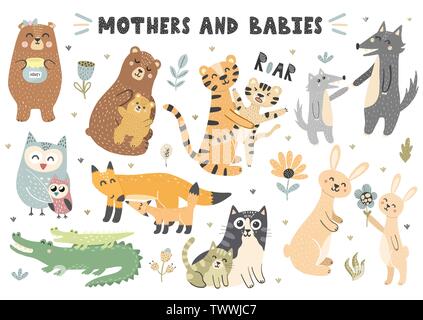 Mothers and babies animals collection. Cute vector elements for your design Stock Vector