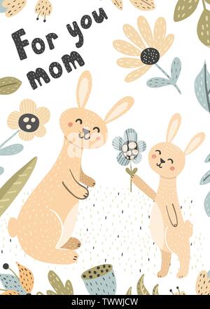 Cute baby bunny gives his mom a flower card. Mother and baby  vector illustration Stock Vector