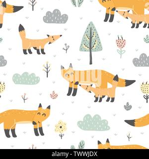 Seamless pattern with cute foxes - mother and baby. Great for fabric and textile design. Vector illustration Stock Vector