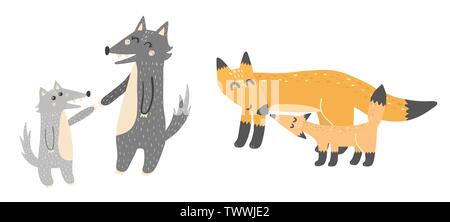 Super cute mothers and babies - wolves and foxes. Forest animals. Vector elements Stock Vector